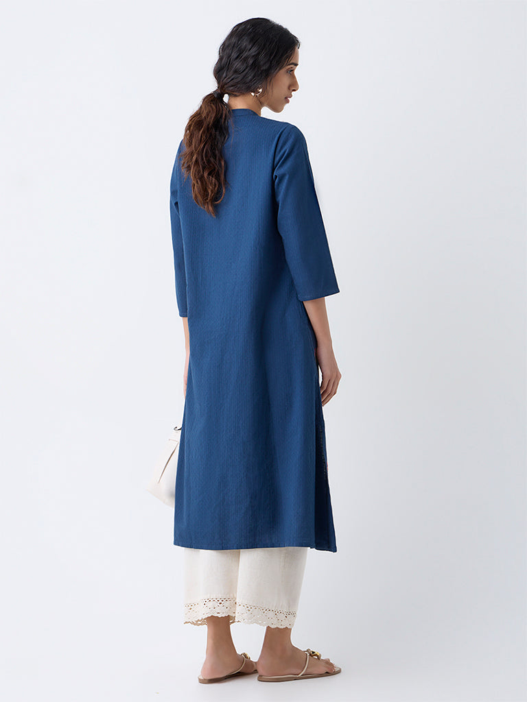 Utsa Blue Floral Embroidered A-Line Cotton Kurta