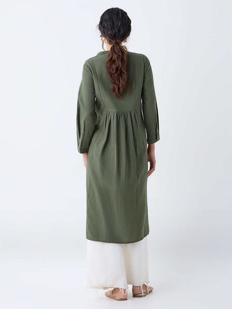 Utsa Olive Floral Embroidered A-Line Kurta