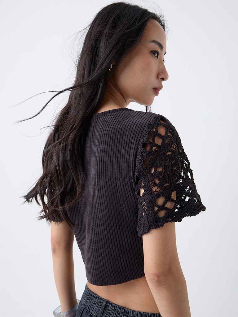 LOV Black Crochet-Detailed Ribbed Top