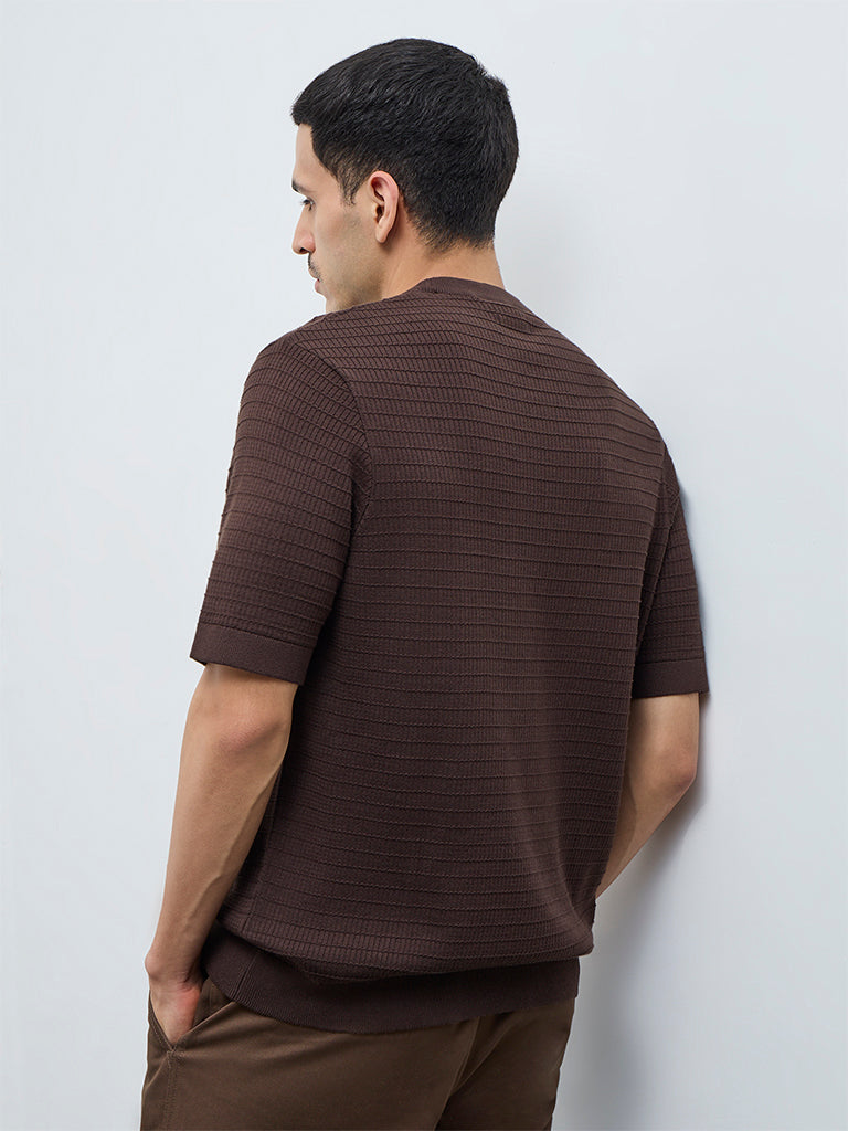 Ascot Dark Brown Textured Relaxed-Fit Cotton T-Shirt