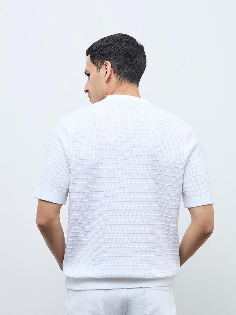 Ascot White Textured Relaxed-Fit Cotton T-Shirt