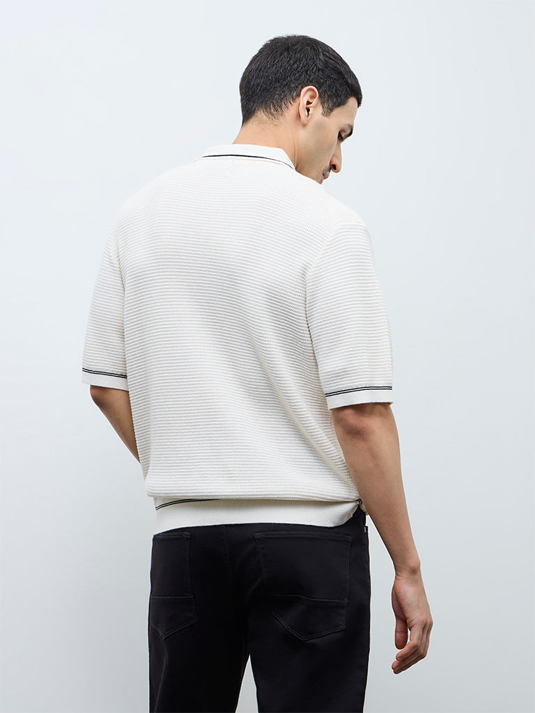 Ascot Off-White Knit-Textured Relaxed-Fit Cotton-Blend Polo T-Shirt