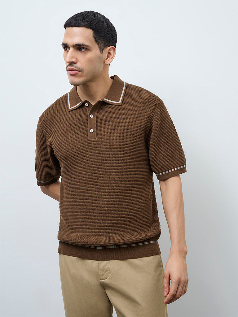 Buy Ascot Tan Knit-Textured Relaxed-Fit Cotton-Blend Polo T-Shirt