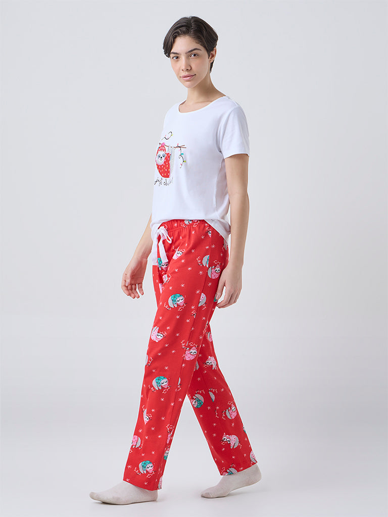 Wunderlove White Animal Printed Cotton T-Shirt and Pyjamas Set