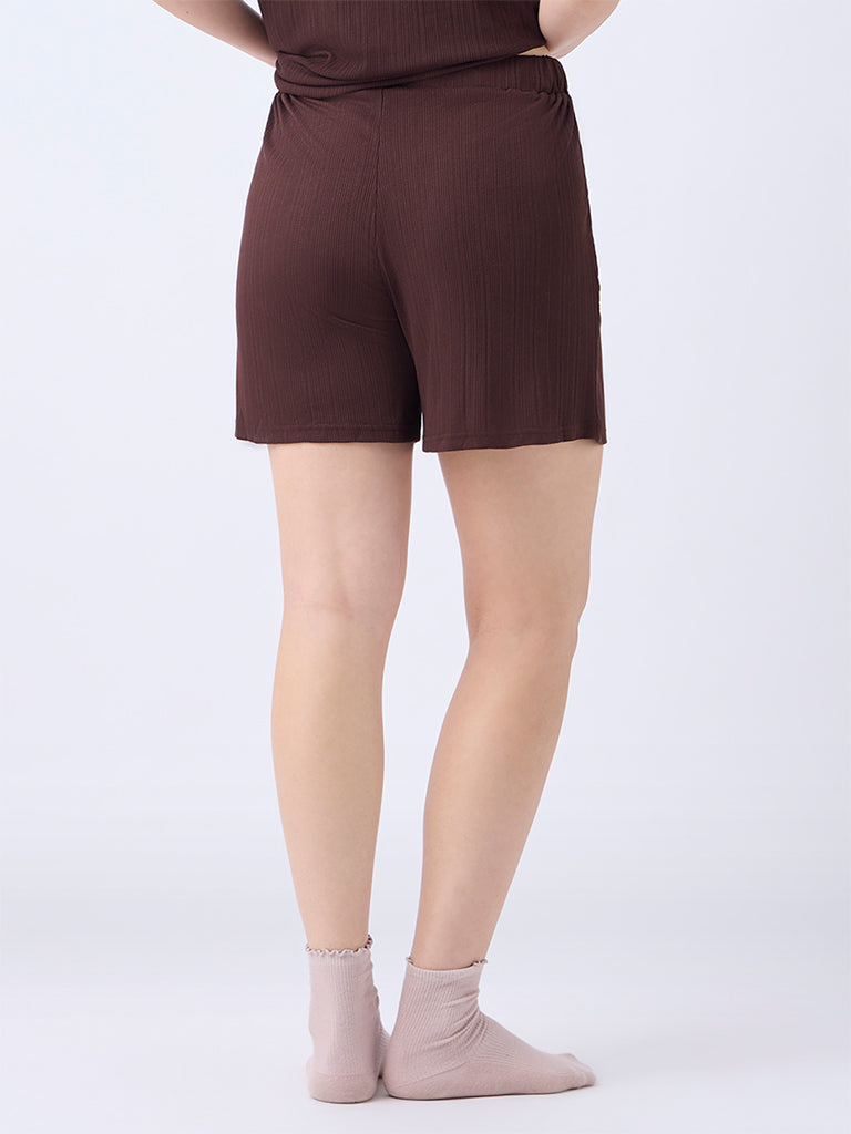 Wunderlove Dark Brown Ribbed-Textured High-Rise Shorts