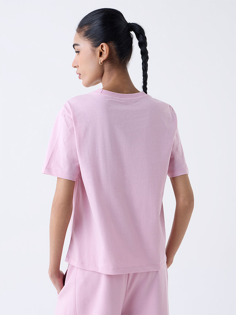 Studiofit Light Pink Text Design Cotton T-Shirt