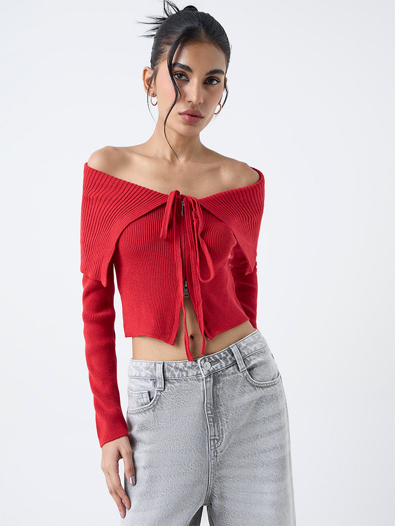 Buy Nuon Red Ribbed Off-Shoulder Top from Westside