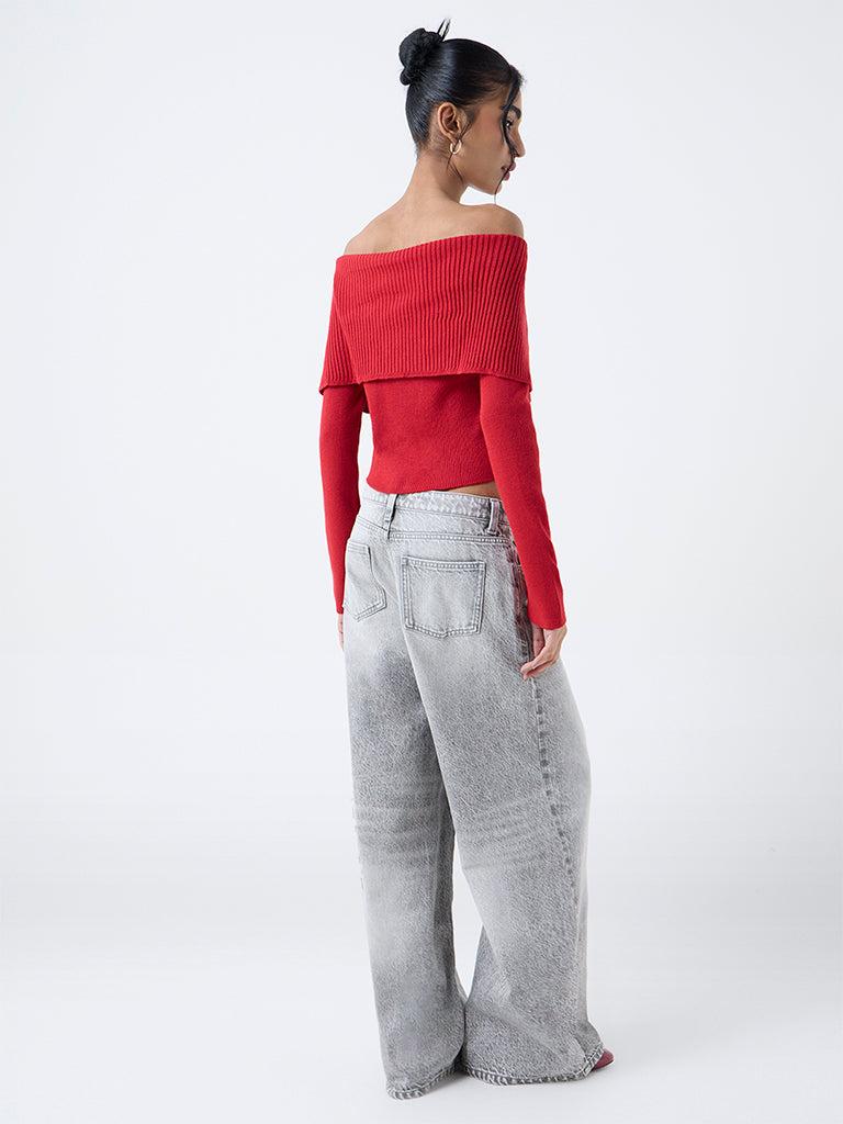 Nuon Red Ribbed Off-Shoulder Top