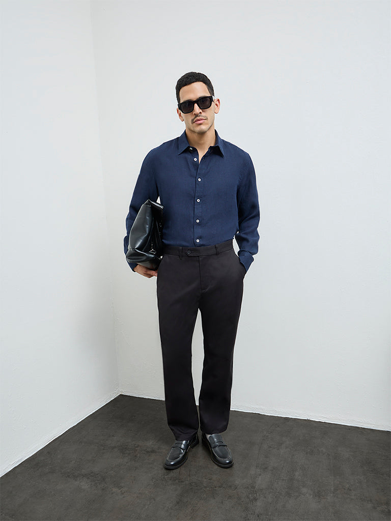 Buy Ascot Navy Relaxed-Fit Linen Shirt from Westside