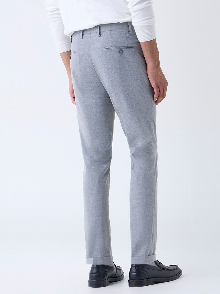 WES Formals Grey Self-Striped Slim-Fit Mid-Rise Trousers