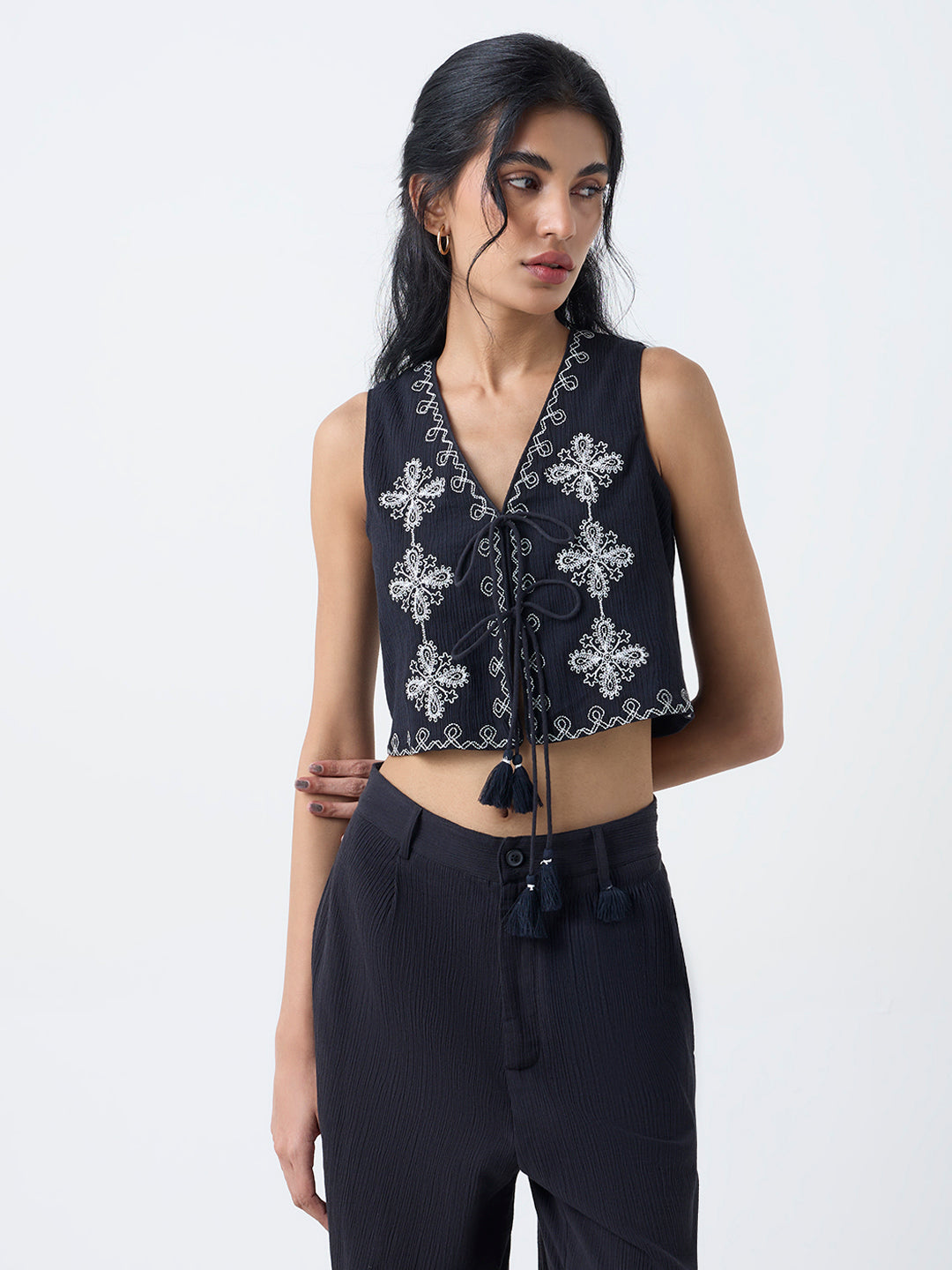 Buy Bombay Paisley Black Floral Embroidered Cotton Vest Top from