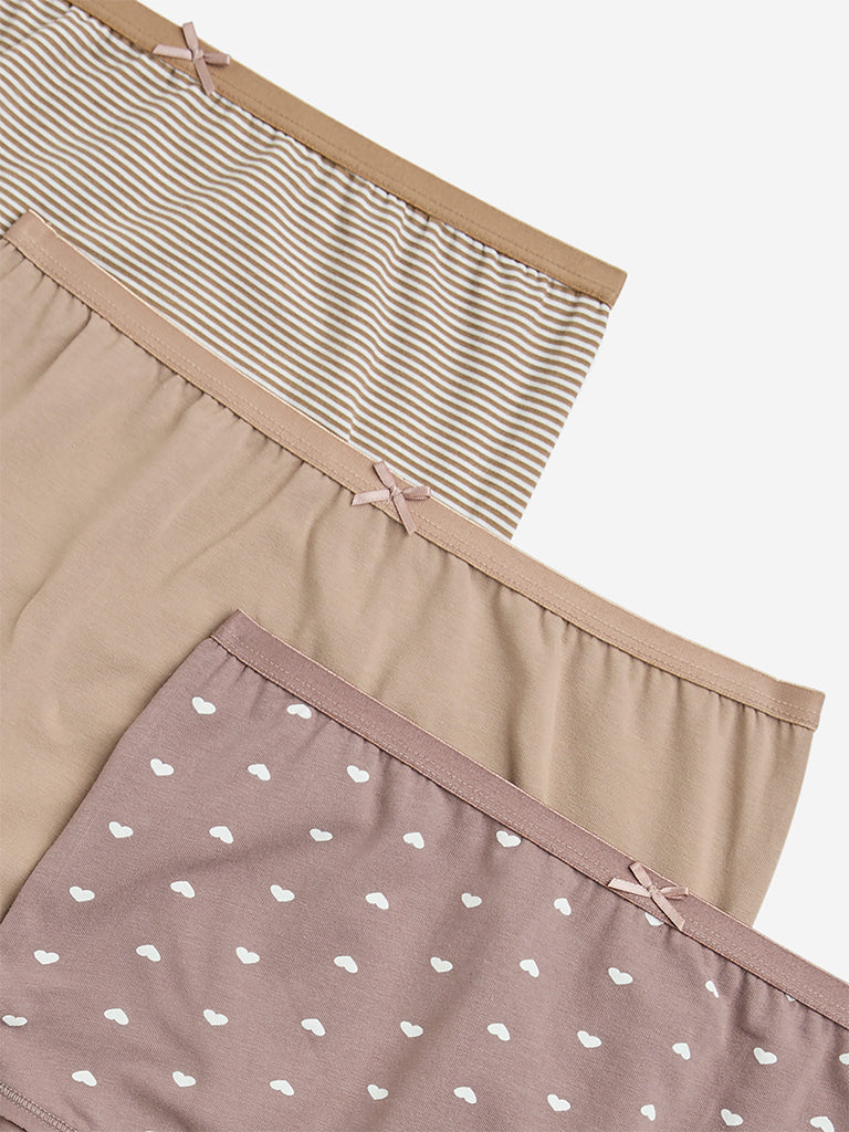 Wunderlove Taupe Printed Cotton-Blend Briefs - Pack of 3