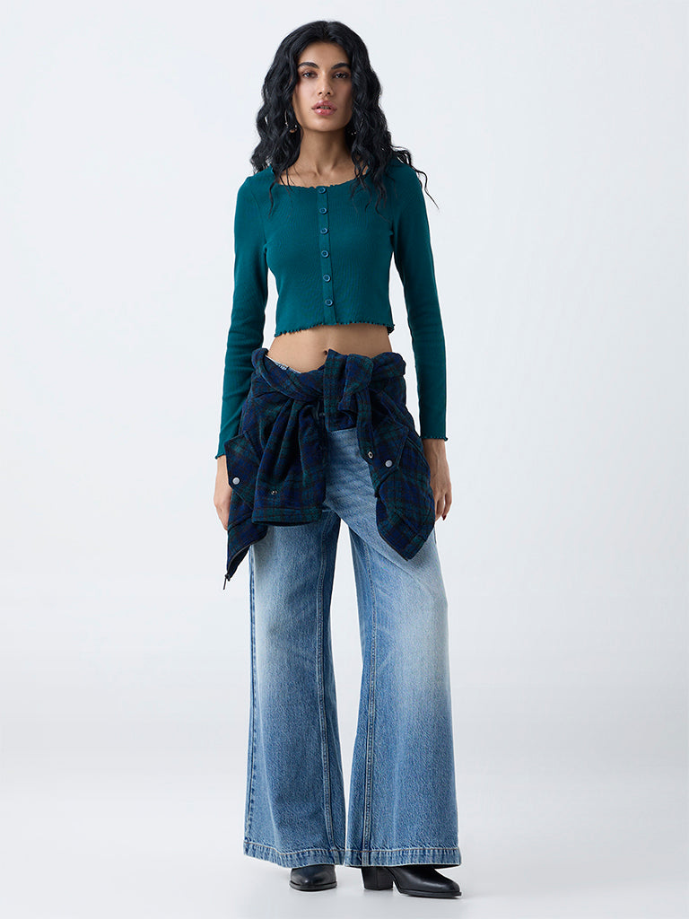 Nuon Dark Green Self-Striped Cotton-Blend Top