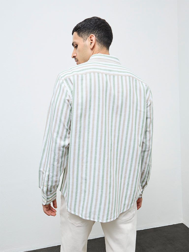 WES Casuals Green Striped Relaxed-Fit Cotton-Blend Shirt