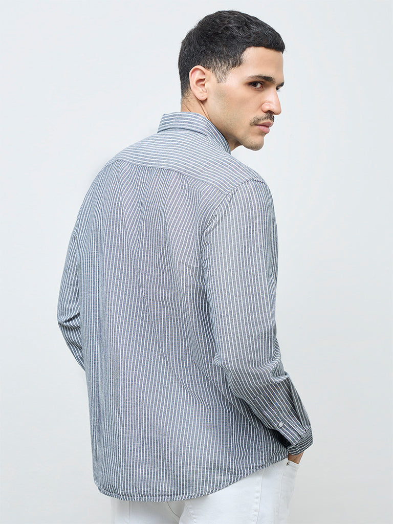 WES Casuals Dark Teal Striped Relaxed-Fit Cotton-Blend Shirt