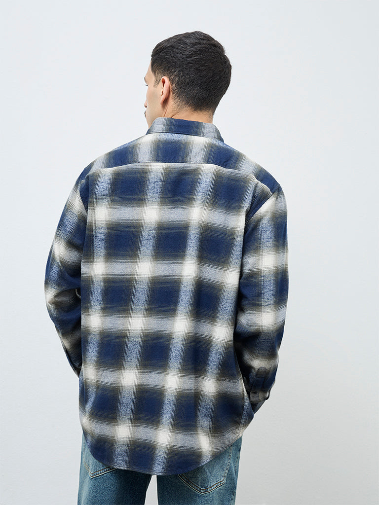 WES Casuals Navy Checks Design Relaxed-Fit Cotton Shirt
