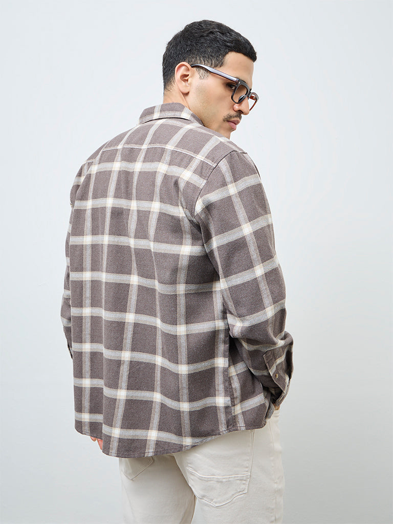 WES Casuals Brown Checks Relaxed-Fit Cotton-Blend Shirt
