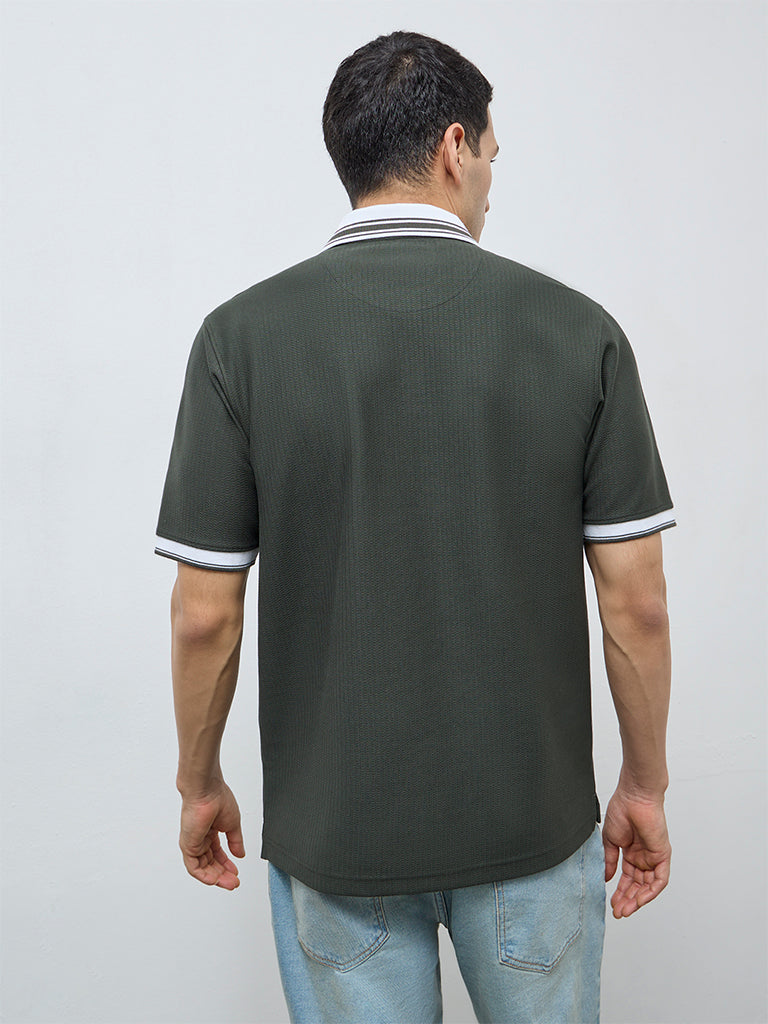 WES Casuals Olive Textured Relaxed-Fit Polo T-Shirt