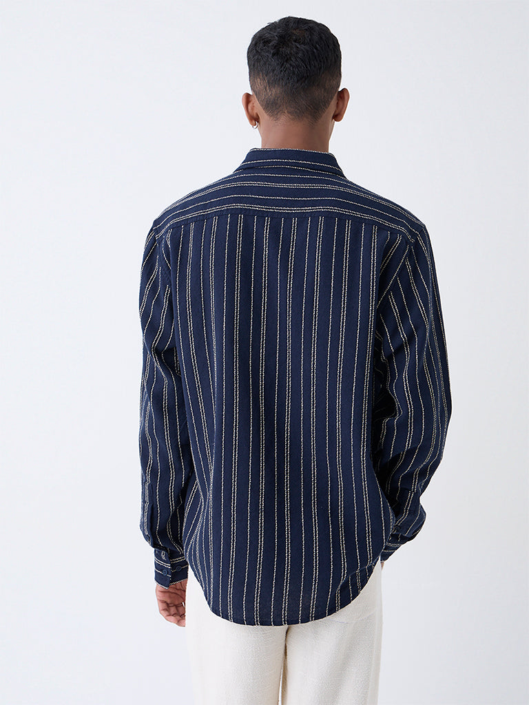 ETA Navy Striped Relaxed-Fit Cotton Shirt