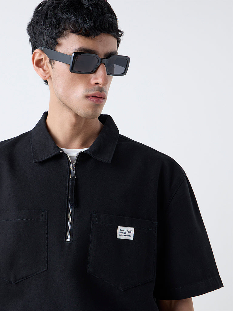 Nuon Black Relaxed-Fit Cotton Quarter-Zip T-Shirt