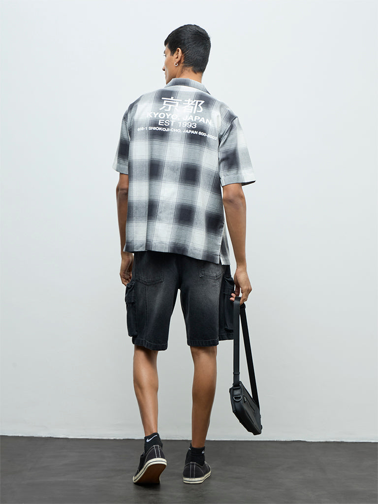 Nuon Black Checks Pattern Relaxed-Fit Cotton Shirt