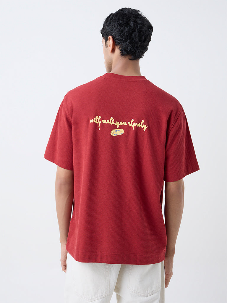 Nuon Red Printed Relaxed-Fit Cotton-Blend T-Shirt