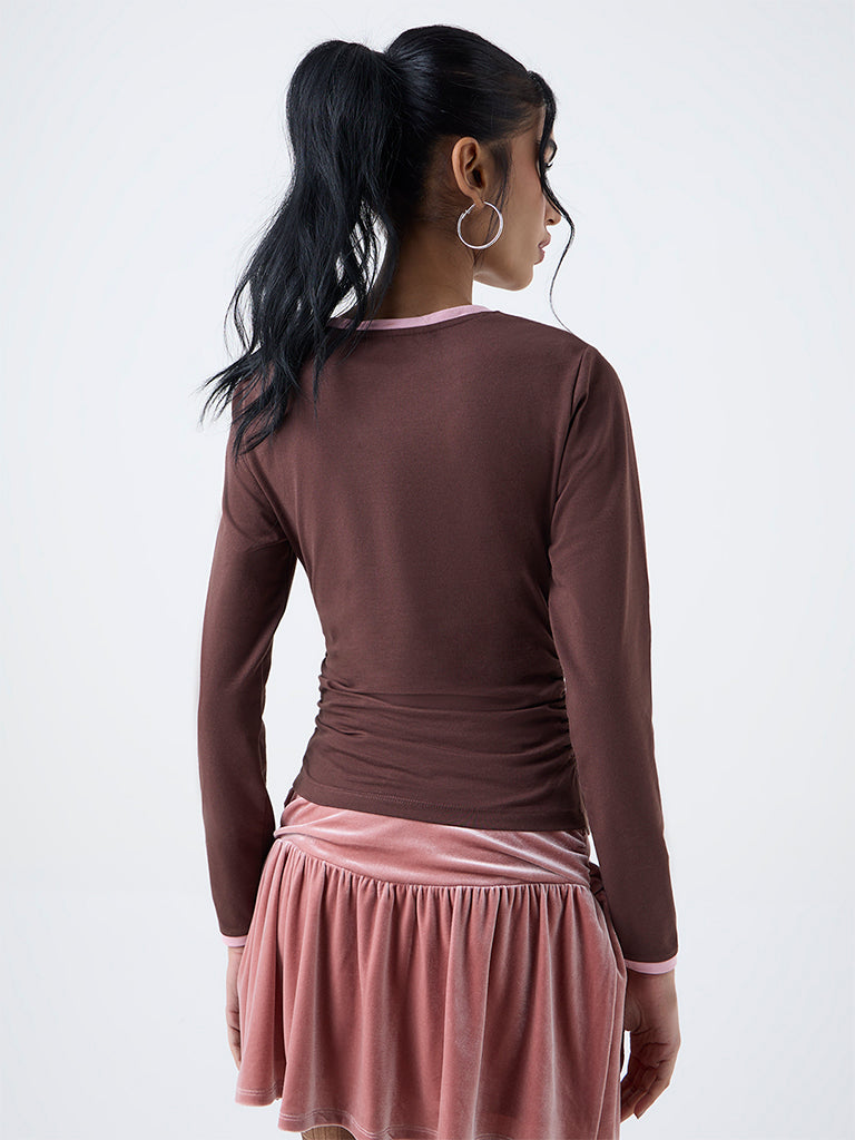 Nuon Brown Butterfly-Detail Cotton-Blend Mesh Top