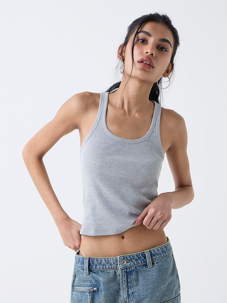 Buy Nuon Grey Ribbed-Textured Cotton-Blend Tank Top from Westside