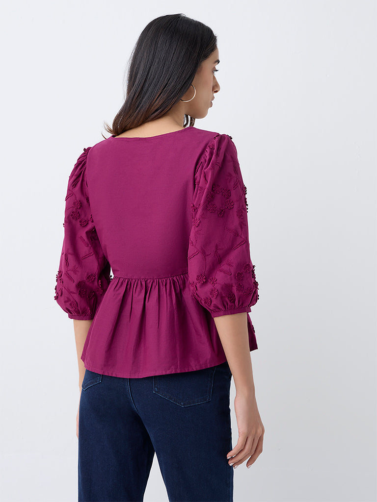 LOV Plum Floral Embroidered Cotton Peplum Top