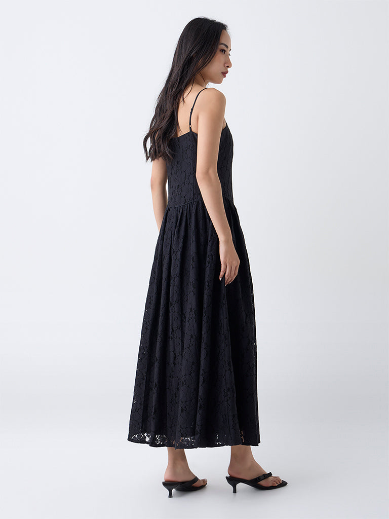 LOV Black Lace Detailed Cotton A-Line Dress