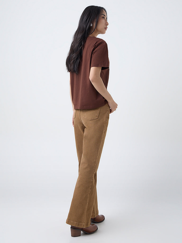 LOV Brown Printed Cotton T-Shirt