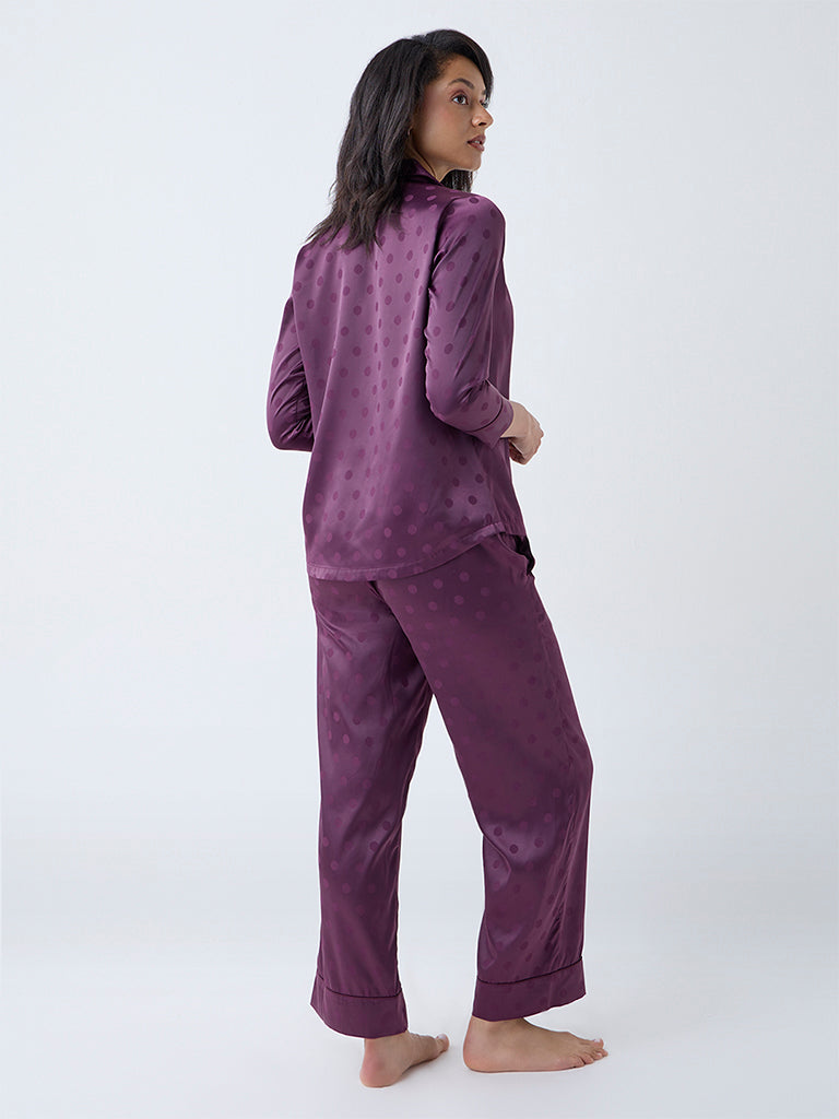 Wunderlove Plum Polka Dotted Satin Shirt with Pyjamas Set