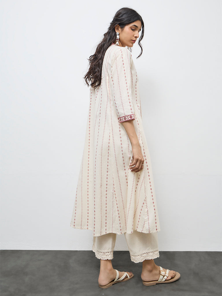 Utsa Off-White Printed Cotton A-Line Kurta