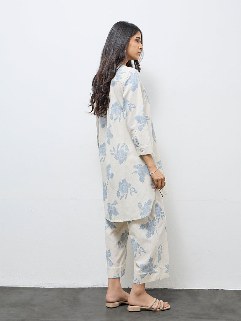 Utsa Off-White Floral Cotton-Blend Tunic