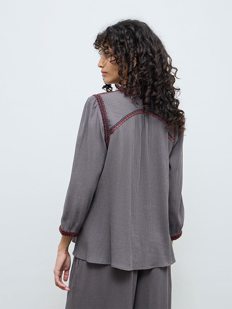 Utsa Grey Crinkle Textured Embroidered Cotton Tunic