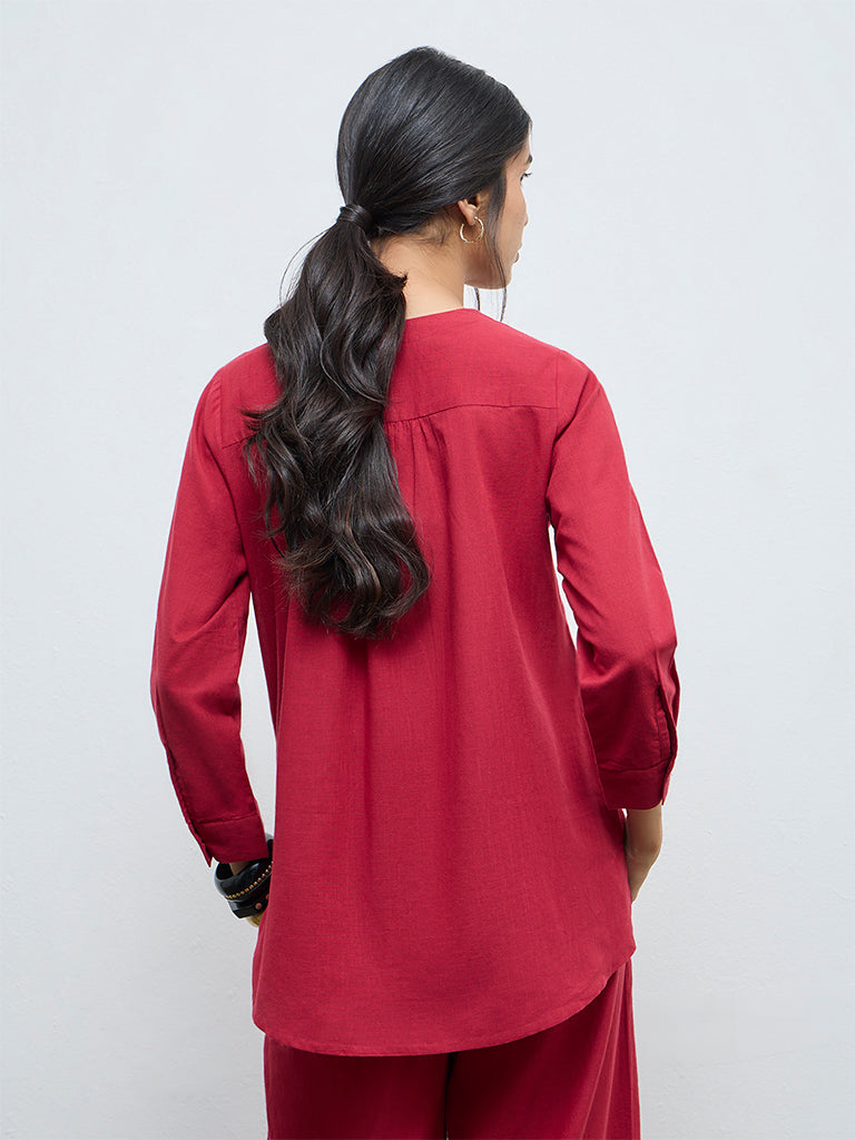 Utsa Red Floral Embroidered Cotton Tunic