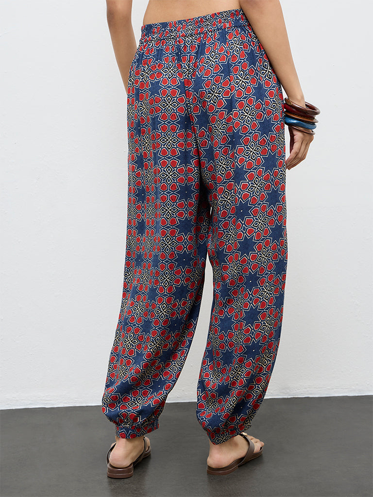 Utsa Indigo Geometric Printed Cotton Harem Pants