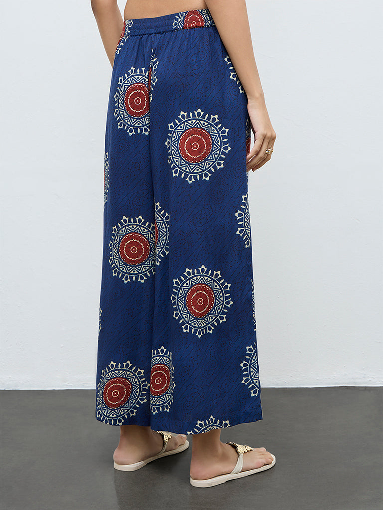 Utsa Indigo Geometric Printed Flared Palazzos