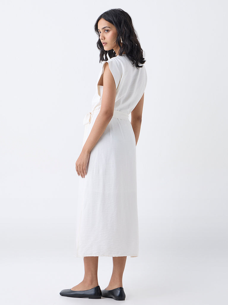LOV White Solid A-Line Dress with Belt-Online Exclusive