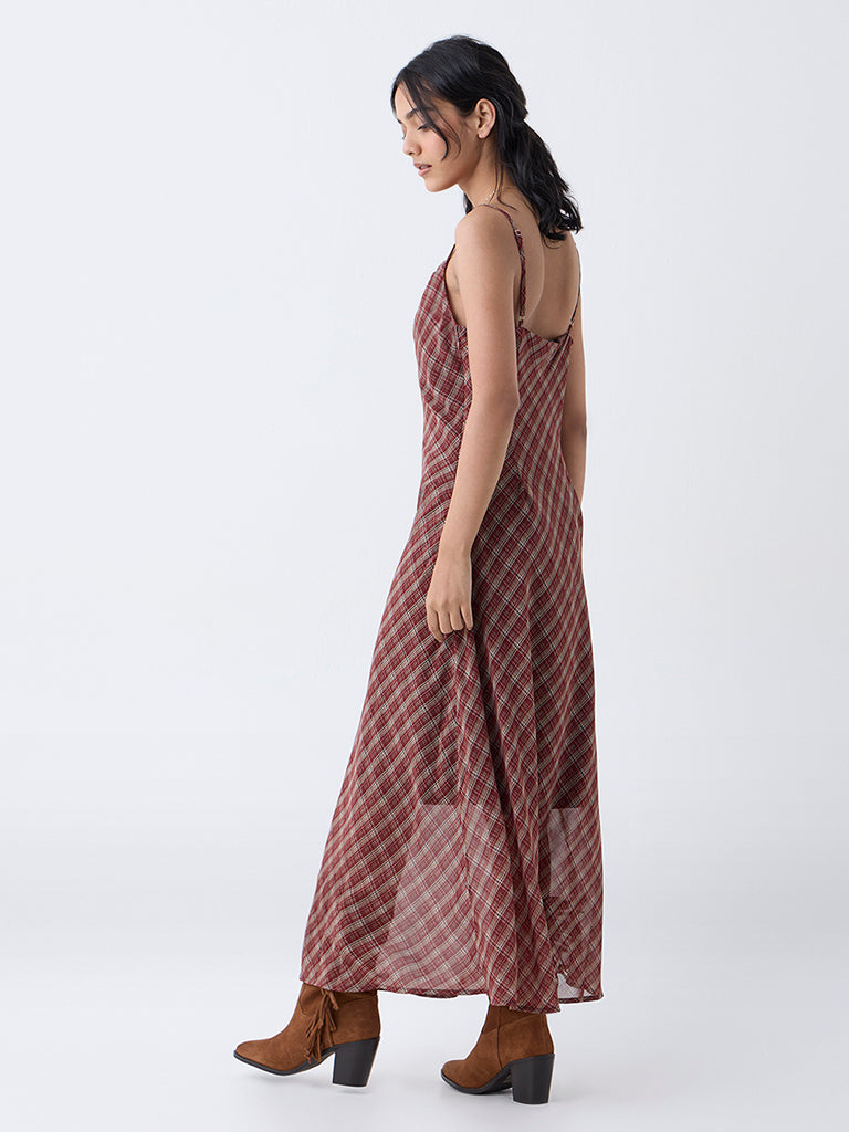 LOV Maroon Checks Cowl Neck A-Line Dress-Online Exclusive