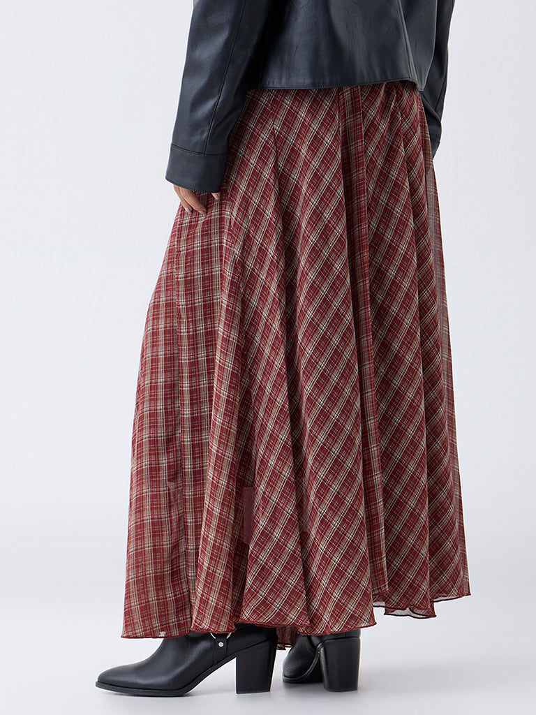 LOV Maroon Check Pattern High-Rise Skirt