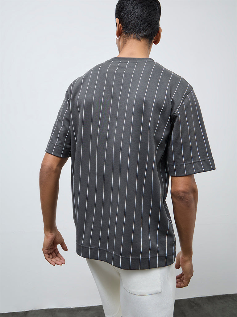 Studiofit Dark Grey Striped Relaxed-Fit Cotton-Blend T-Shirt