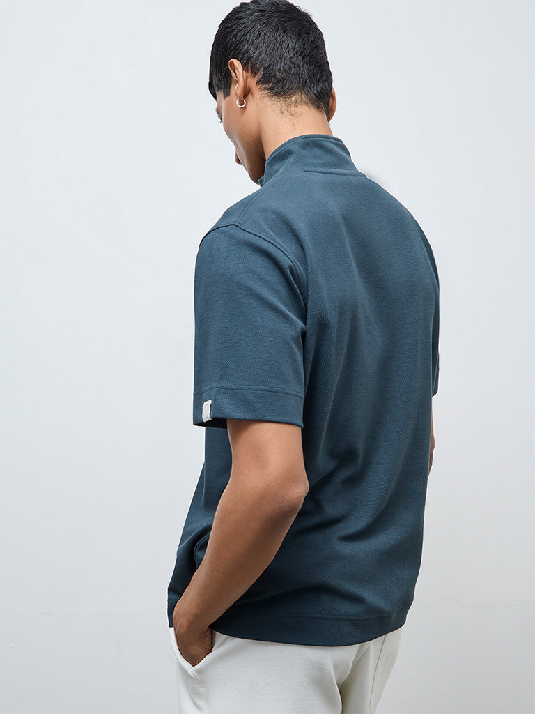 Studiofit Dark Teal Quarter-Zip Relaxed-Fit Cotton-Blend T-Shirt