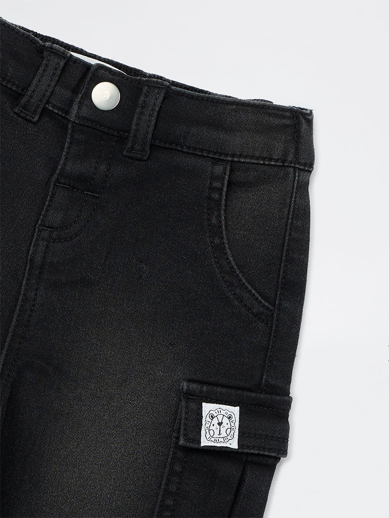 HOP Baby Boys Black Cargo-Style Denim Joggers