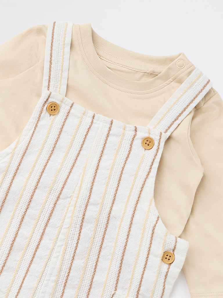 HOP Baby Boys Beige Striped Cotton T-Shirt and Dungaree Set
