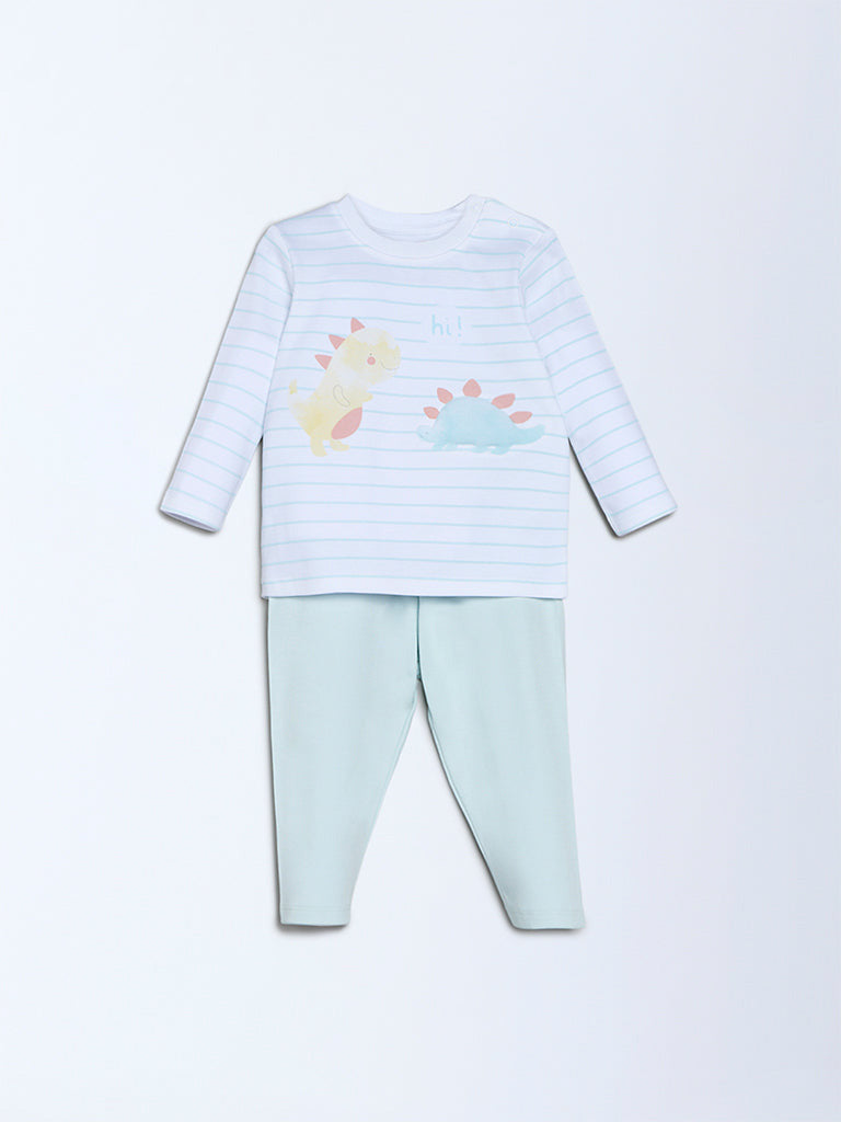 HOP Baby Boys Multicolour Dinosaur Printed Cotton T-Shirt and Pants Set - Exclusive