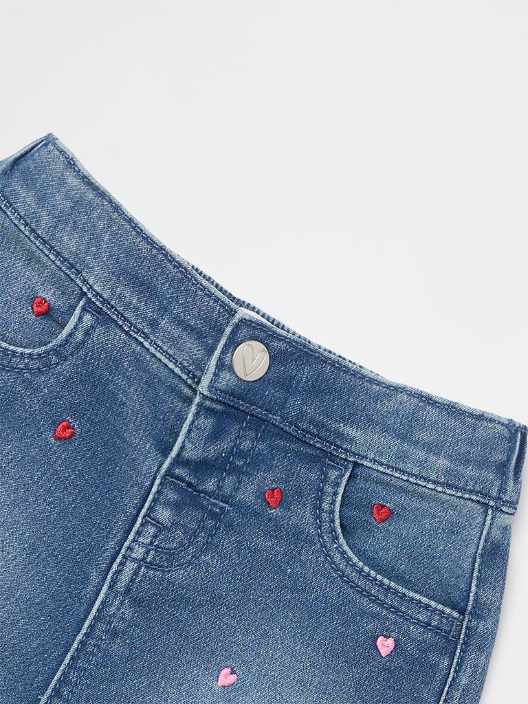 HOP Baby Girls Blue Embroidered High-Rise Denim Shorts