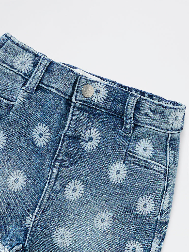 HOP Baby Girls Blue Floral High-Rise Denim Shorts