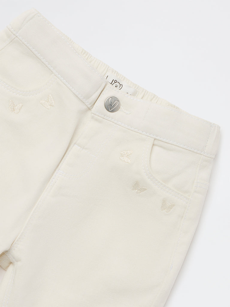 HOP Baby Girls Off-White Embroidered High-Rise Cotton-Blend Trousers