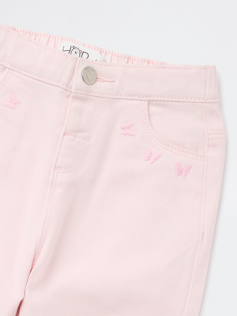 HOP Baby Girls Pink Embroidered High-Rise Cotton-Blend Trousers